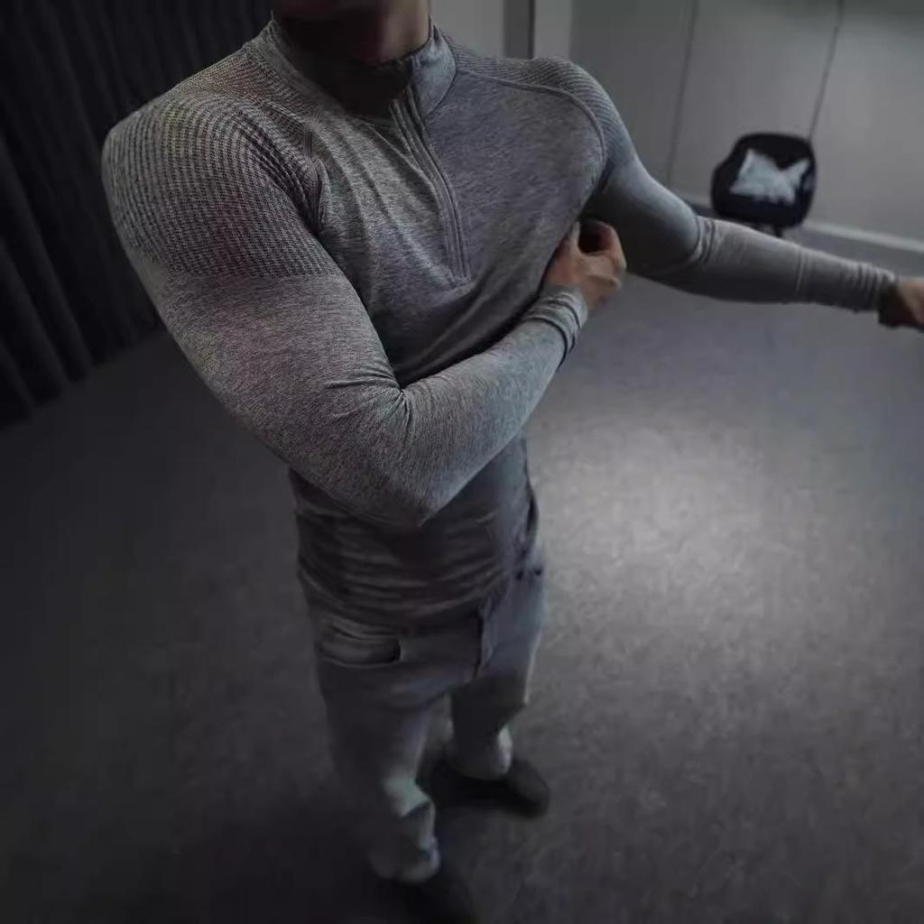 American Seamless Jacquard Zip-Up Fitness Base Layer Quick-Dry Slim Fit Long Sleeve T-Shirt