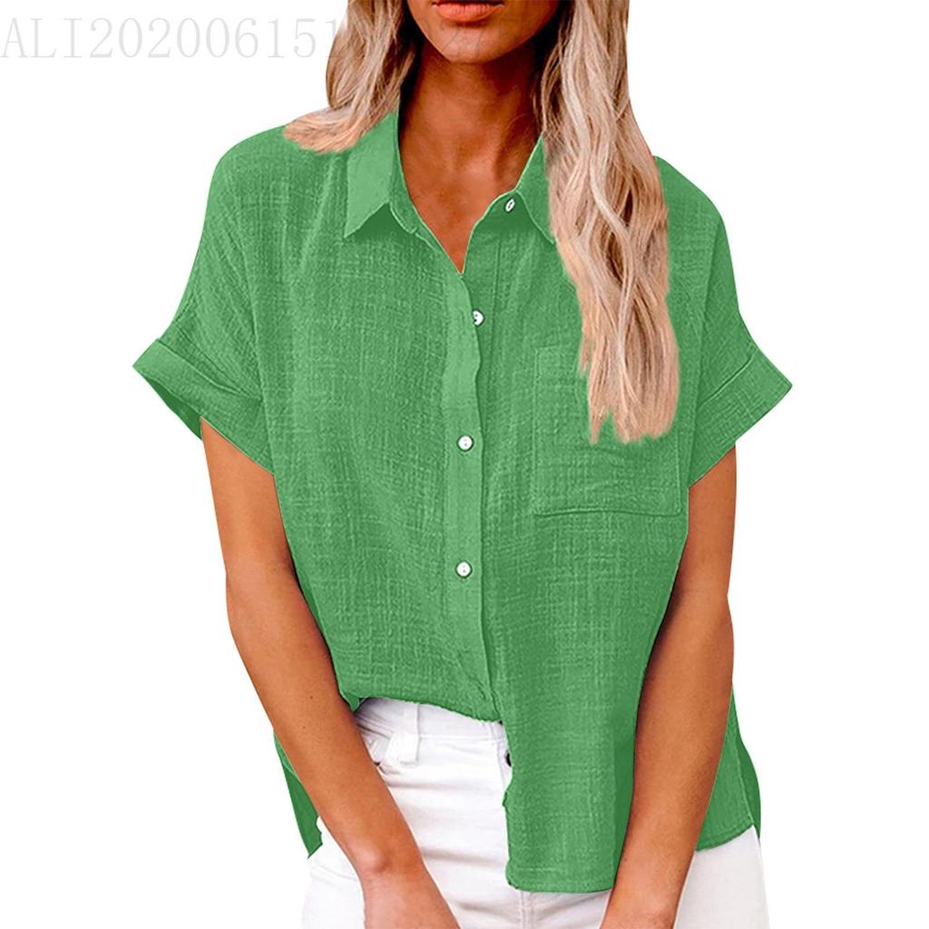 Summer Solid Color Single Breasted Shirt Women's Casual Lapel Short Sleeve Loose Blouse Top
