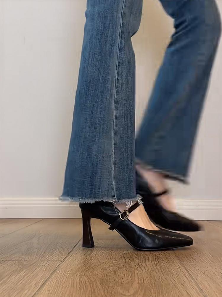 French Soft Leather High Heels Women's Retro Style Minimalist Black One-word Buckle Mary Jane Shoes with Skirt Thick Heel Single Shoes