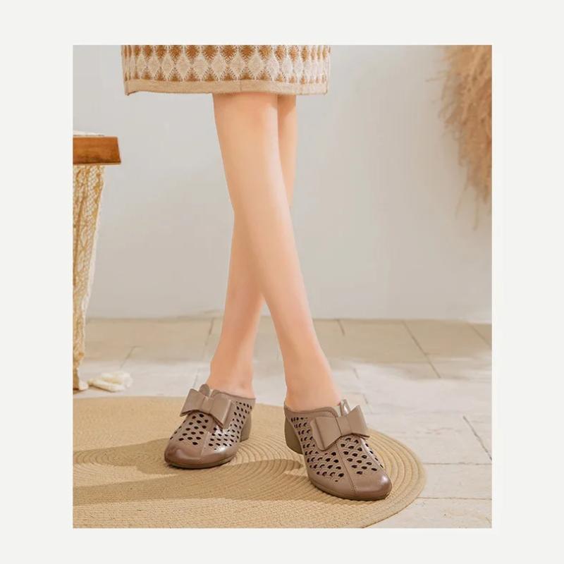 Johnature Women's Slippers Genuine Leather Hollow-out Thick Heel Flower Round Toe Versatile Women's Shoes
