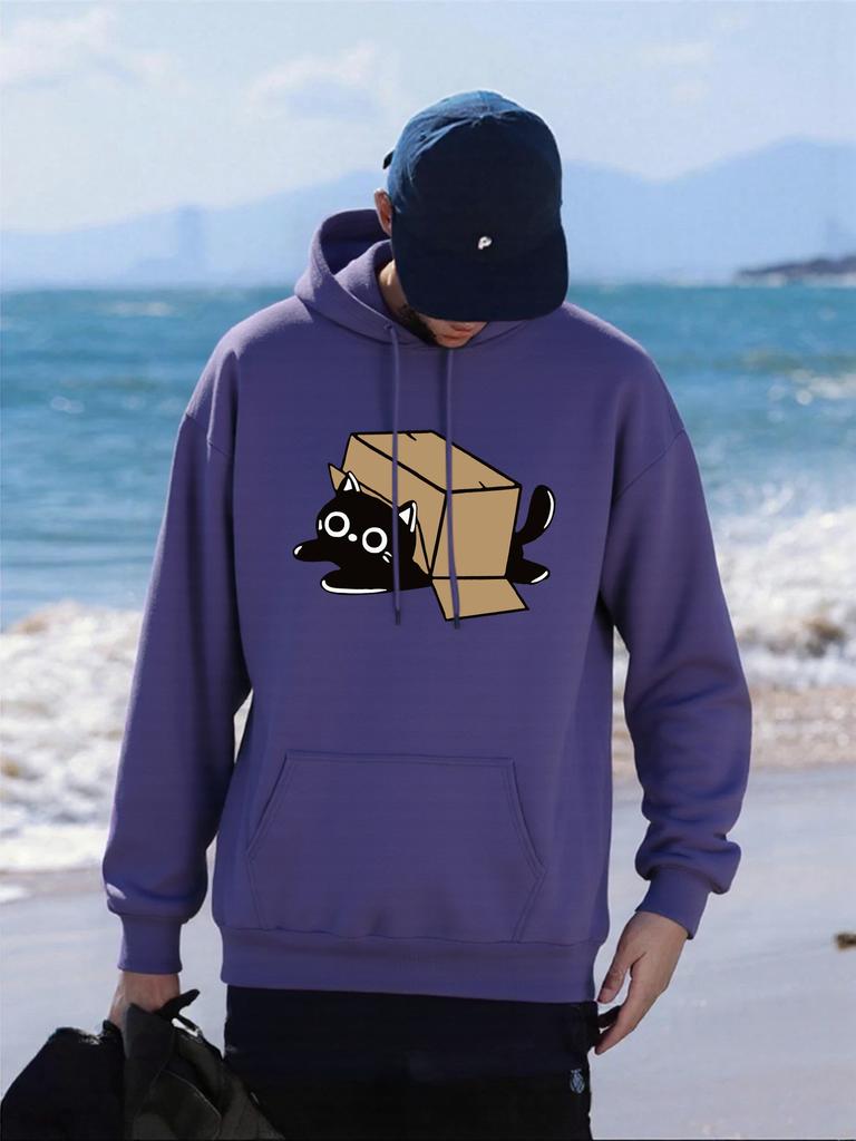 Cardboard Box Black Cat Printing Man Hoody Loose Fleece Hoodies Autumn All-Match Pullovers Multicolor Hip Hop Mens Sportswears