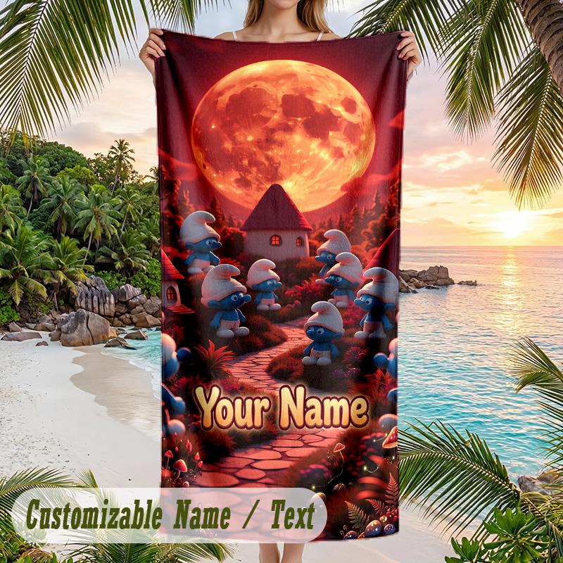 Smurfs Beach Towel, Personalized Custom Text, Quick Dry Soft Large Towel For Swimming Pool Travel
