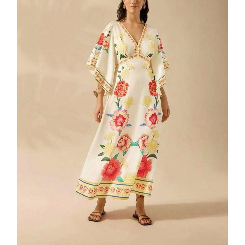 Amazon Vacation 2025 Summer New V-neck Fashion Loose Print High Waist Long Dress Women Dress