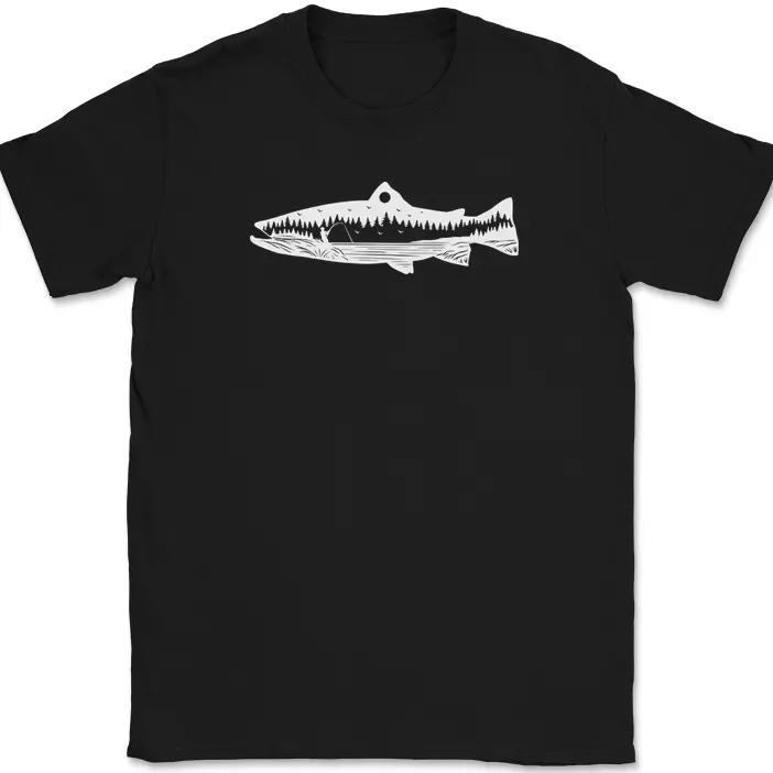 Trout Fishing Landscape T-Shirt Hobby Rod Cast Reel Fathers Day Gift Tee
