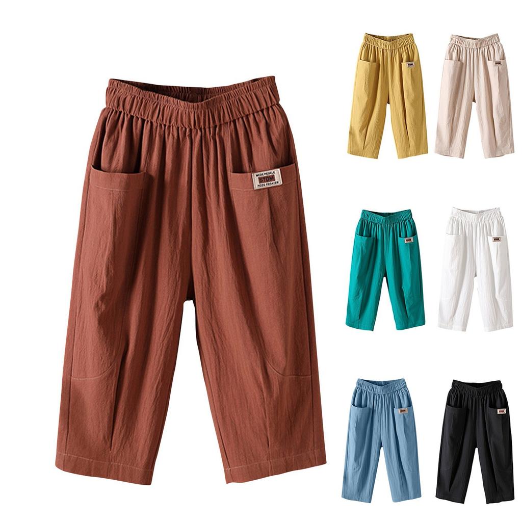 Women's Fashion Solid Color Loose Large Size Elastic Waist Small Leg Haren Pants Versatile Casual Quarter Pants