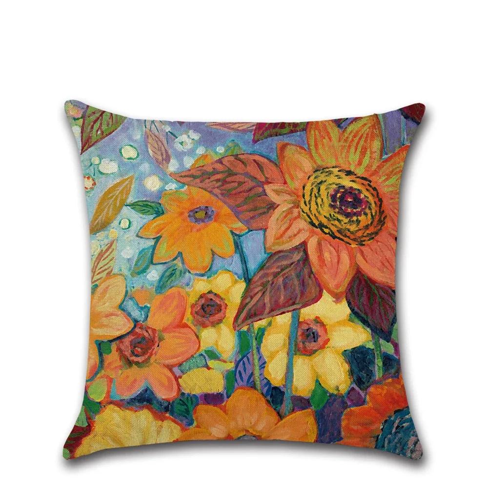 Plants Leaf Sunflower Cushion Cover Linen Decorative Home Sofa Square Pillow Case For Couch Farmhouse Decoration 45X45Cm
