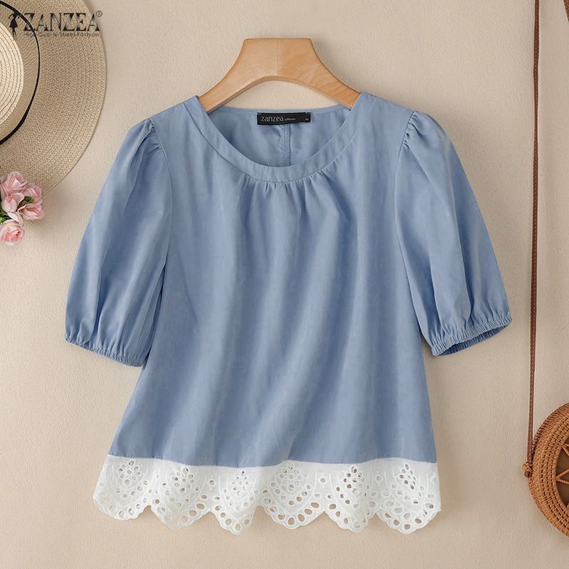 ZANZEA Damen Casual Rundhals Kurzarm Spitze Einsatz Bluse