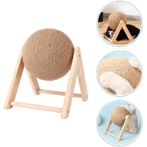 POPETPOP Cat Scratching Ball Toy - Small Rotatable Kitten Scratcher Sisal Toy, Wood Cat Scratcher with Ball for Indoor Kitties To Grind Claws, Cat