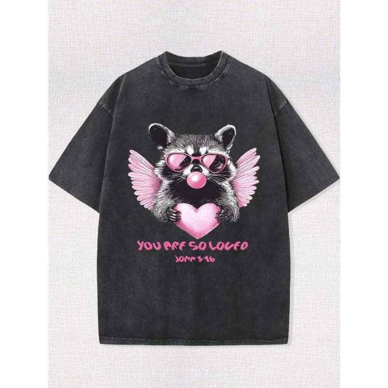 Men's Vintage Washed Cotton T-Shirt - Casual Loose Fit, Round Neck, Short Sleeve with Unique Raccoon Print and Heart Detail