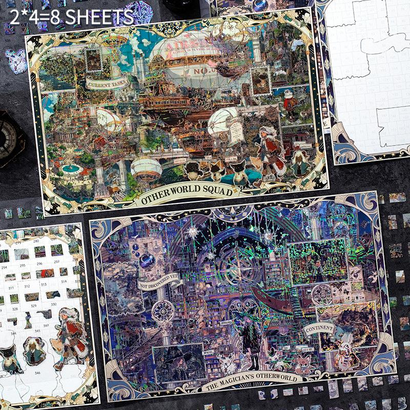 8 sheets/set, vintage stickers, scene decoration stickers, gold foil style, dreamy diy scrapbook stickers, self adhesive