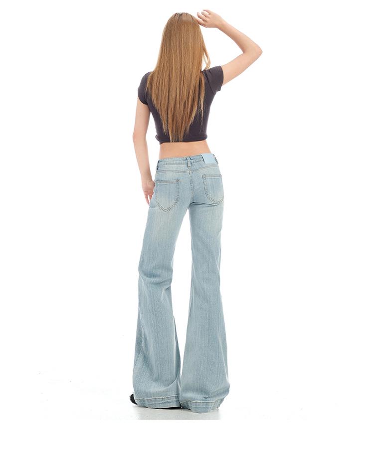 Light Blue Women's Retro Low Waist Micro Flare Jeans with Bamboo Texture - Elastic and Slimming Hot Girl Style