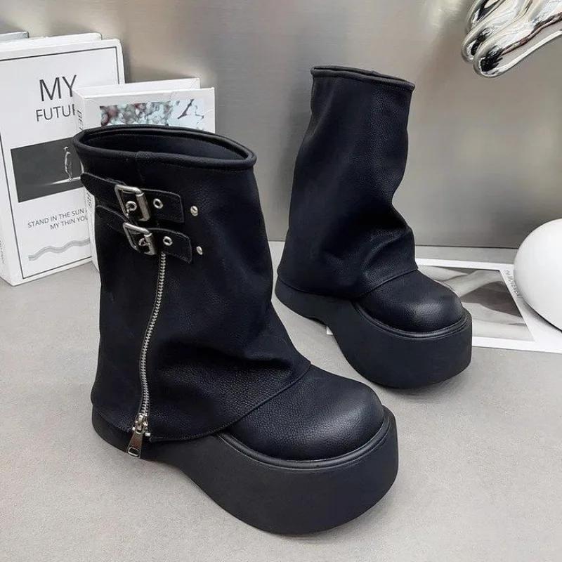 Hot Girl Style Black Brown Round Toe Boots Platform Women Knee High Boots Belt Buckle Slip On Design Side Zipper Knight Boots