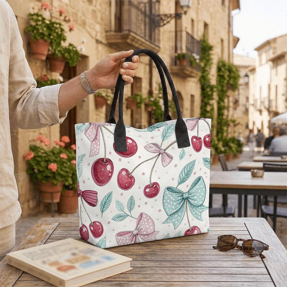 Cute Cherry Bow Printed Canvas Tote Bag Fashion Casual Large Capacity Portable Daily Outdoor Shopping Shoulder Handbag for Women