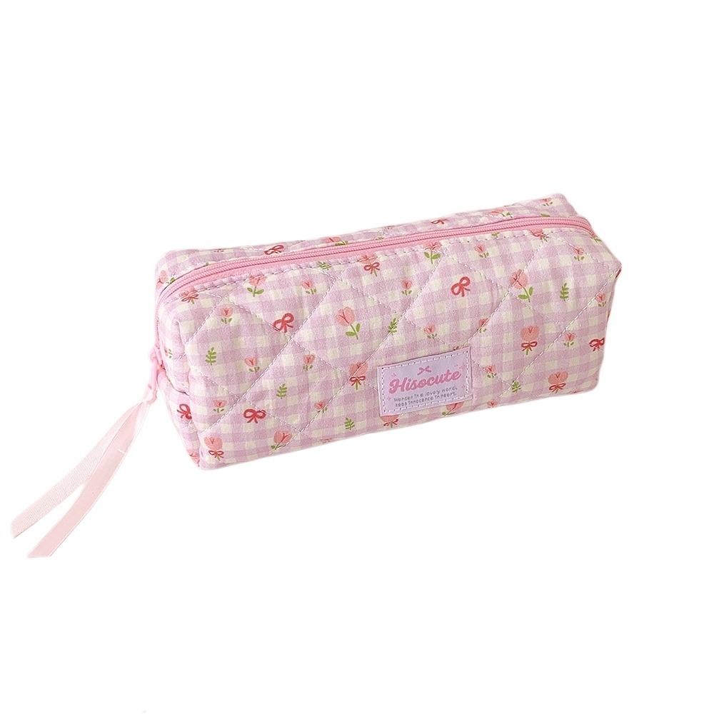 Bow Quilted Pencil Pouch Y2k Flower Pencil Case Desktop Storage Cloth Stationery Bag Student