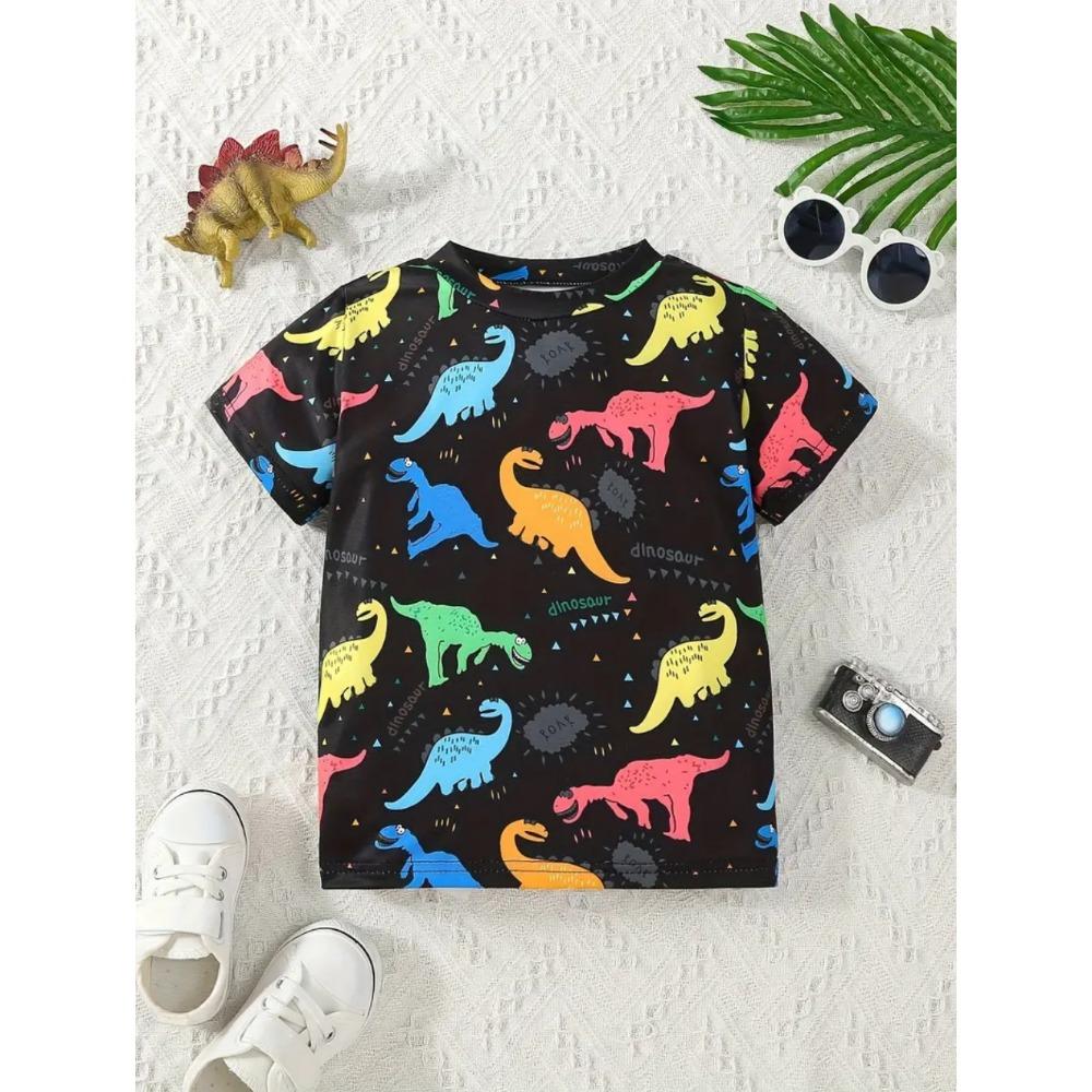 

Dinosaur boy T-shirt with colorful cartoon print, summer short sleeved top, fashionable pullover, outdoor casual children s clothing 140