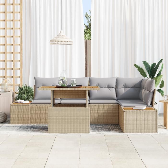VidaXL Ensemble de salle à manger de jardin 6 pièces avec coussins Beige en poly rotin et acacia 3350072
