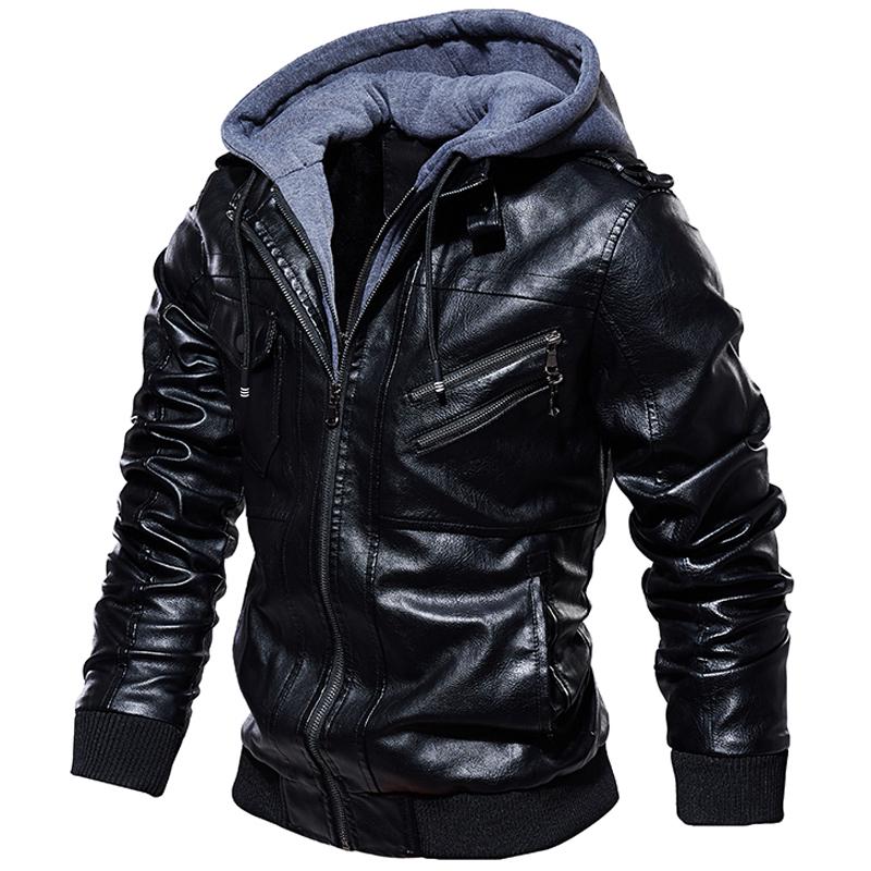 Autumn Winter Hooded Jacket Men Hat Detachable Motorcycle Biker Jackets Casual Pu Leather Coat