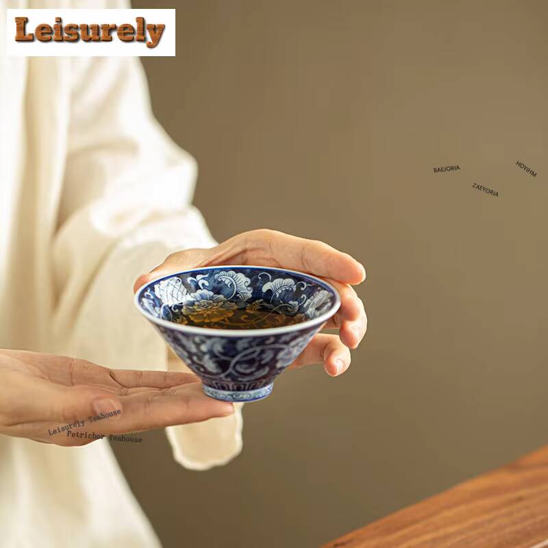 91ml Blue And White Lotus Peony Teacup Handmade Tea Bowl Jug Tea-tasting Personal Cup Jianzhan Master Cups For Tea Decoration