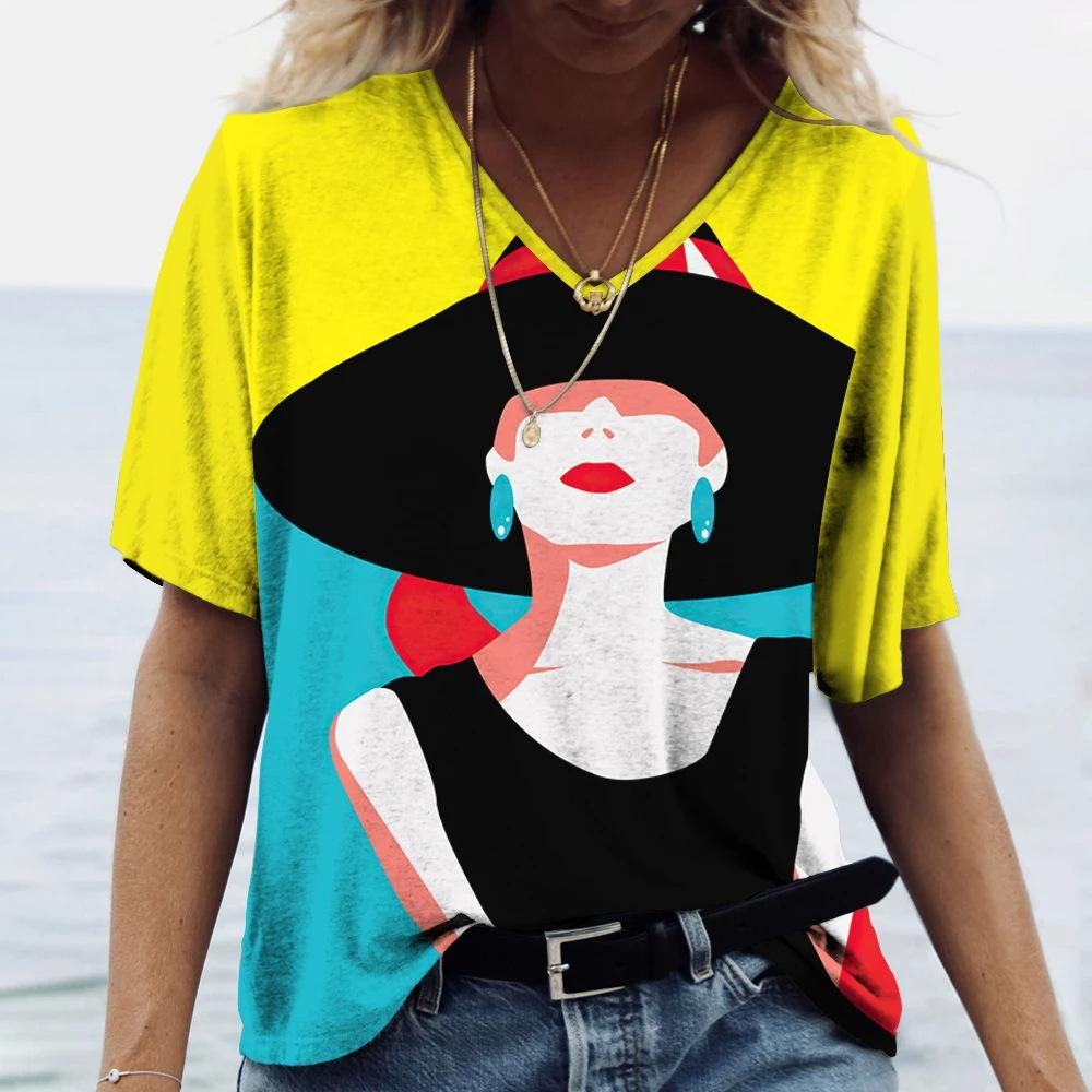 Summer V-neck 3D Art Facial Pattern Printed Top Fashionable Casual Short Sleeved Women's T-shirts