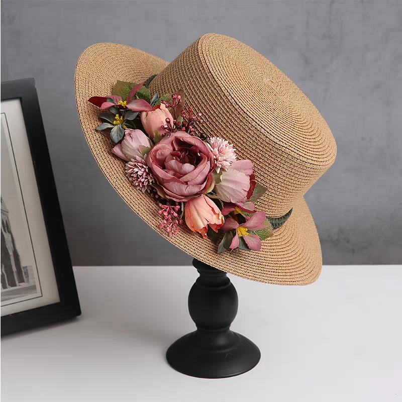 spring summer flower hat French women's straw flat hat elegant beach hat Barrel cap sun hat outdoor travel sun hat wholesale