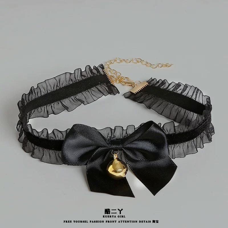 Lace Bell Choker Neck Collar with Wristband, Cute Cat Ear Maid Style Clavicle Chain Fashion Accessories