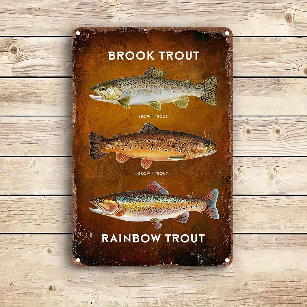 Vintage Fishing Trout Tin Sign Retro Metal Wall Art 8x12 Inches Home Bar Decor