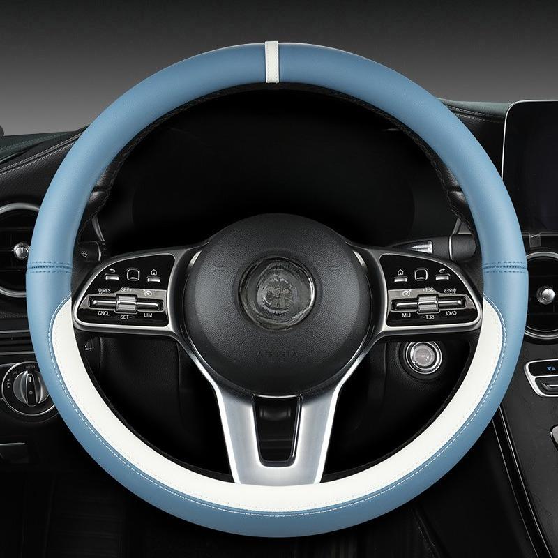 

Napa leather color-block car steering wheel cover, a new minimalist style for all four seasons, a popular new type of steering w светло-синий