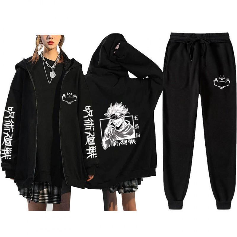 Unisex Winter Casual Sport Set With Anime Print Hooded Zip-Up Sweatshirt Jogger Pants Cotton Blend