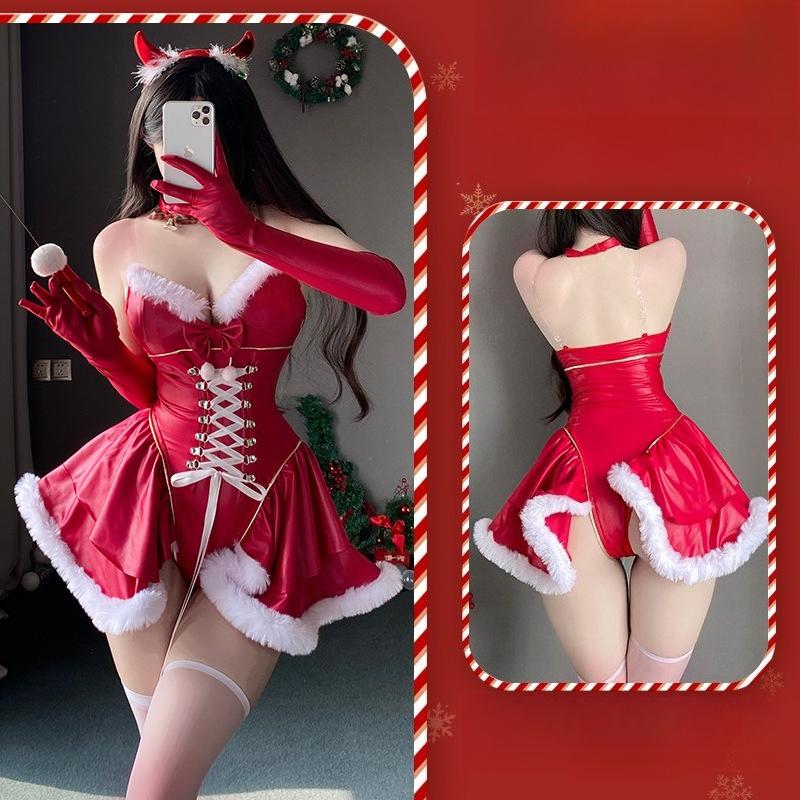 Women Sexy Christmas Dress Bodysuit High-End New 's Robe Set Patent Leather Cross Straps Tight Little Devil Exotic Costumes