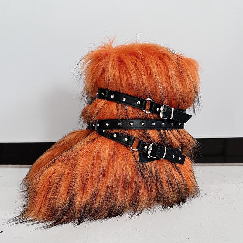 Damen Winterimitat Fuchsfell Stiefel Gürtel Punk Europäisch und Amerikanisch hoher Schaft 40 langer Schaft Schneestiefel Schuhe