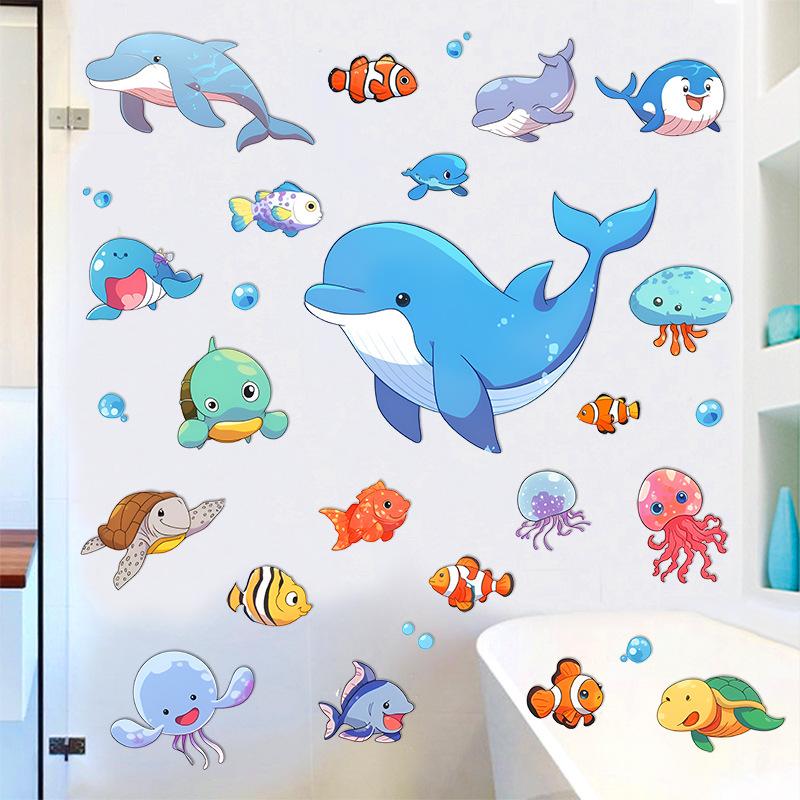 Cartoon Marine Animals Wall Sticker for Kids Rooms Bedroom Background Home Decals Decoration Lovely Animal Nursery Stickers