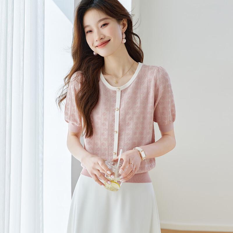 Srcr Women s Mulberry Silk Blend Jacquard Knit Short Sleeve Top M