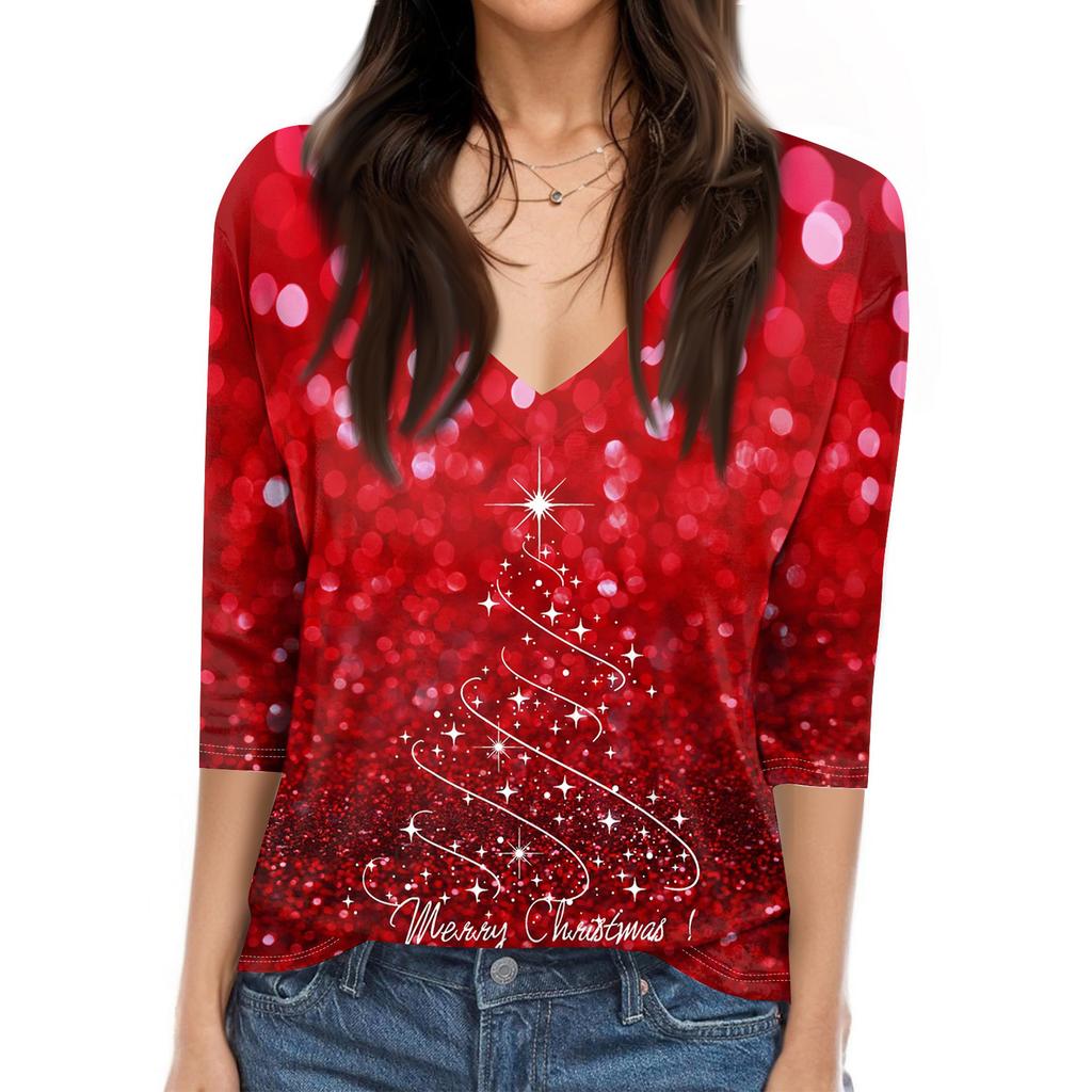 Women's Fashion Casual V Neck 3/4 Sleeve Loose  Printed T-Shirt Ladies Top