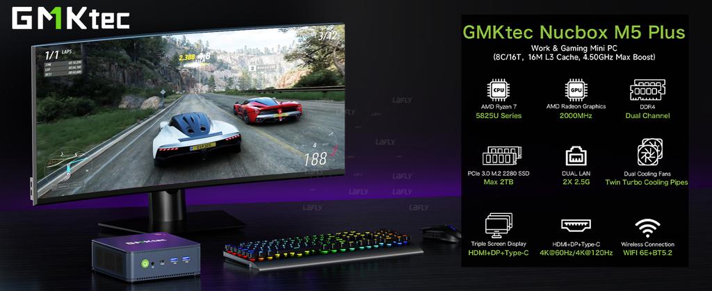 GMKtec M5 Plus Ryzen 7 5825U Mini PC Win11 Pro DDR4 SO-DIMM NVMe M.2 SSD WiFi6E BT5.2 Tri-Display Desktop Office Gaming Computer