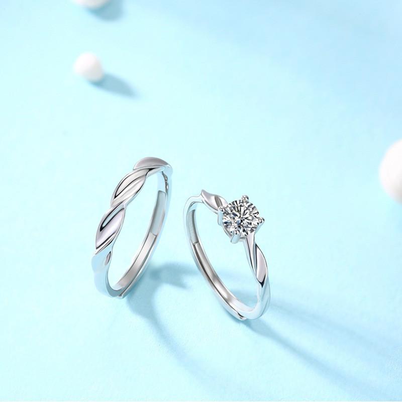 Adjustable Open-Style Moissanite Couple Ring Set Sterling Geometric Design Men Women