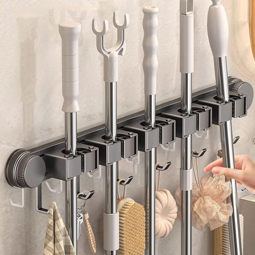 Space Aluminum Suction Cup Mop Clamp Reusable Mop Clip Rack Broom Mop Holder  Bathroom