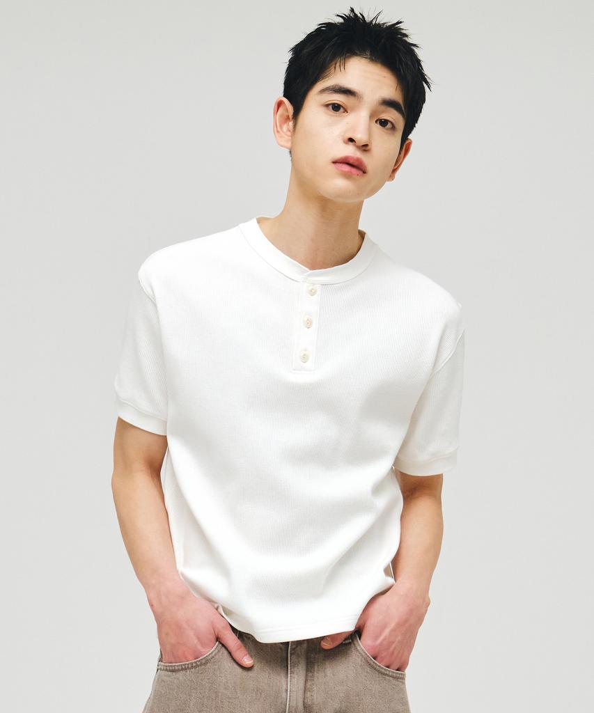 ECORR Waffle Henley Neck Crop Short Sleeve T-Shirt_Ivory