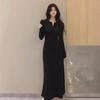 Women's Retro V-Neck Knitted Long-Sleeve Dress for Spring & Autumn - French Design with Waist-Enhancing Fit