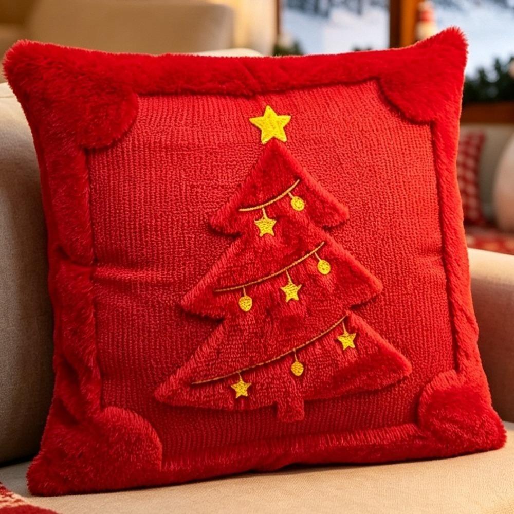 Holiday Pillowcase 3D Embroidered Christmas Pillow Cover Plush Knitted Xmas Tree Pillowslip Square Soft Santa Pillow Cover Couch