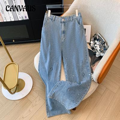 Plus Size Damenhose Modische Jeans mit hoher Taille und Print für Frühling und Herbst mit weitem Bein