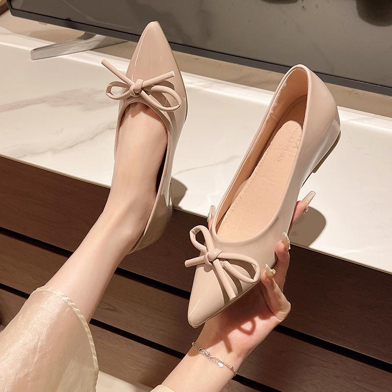 Nude pointed single shoes women's new small inner height increase flats versatile bow evening shoes