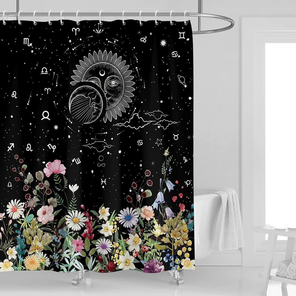 Boho Moon Phase Shower Curtain Abstract Sun Stars Butterfly Mushroom Flowers Plant Leaves Bathroom Decor Fabric with Hooks