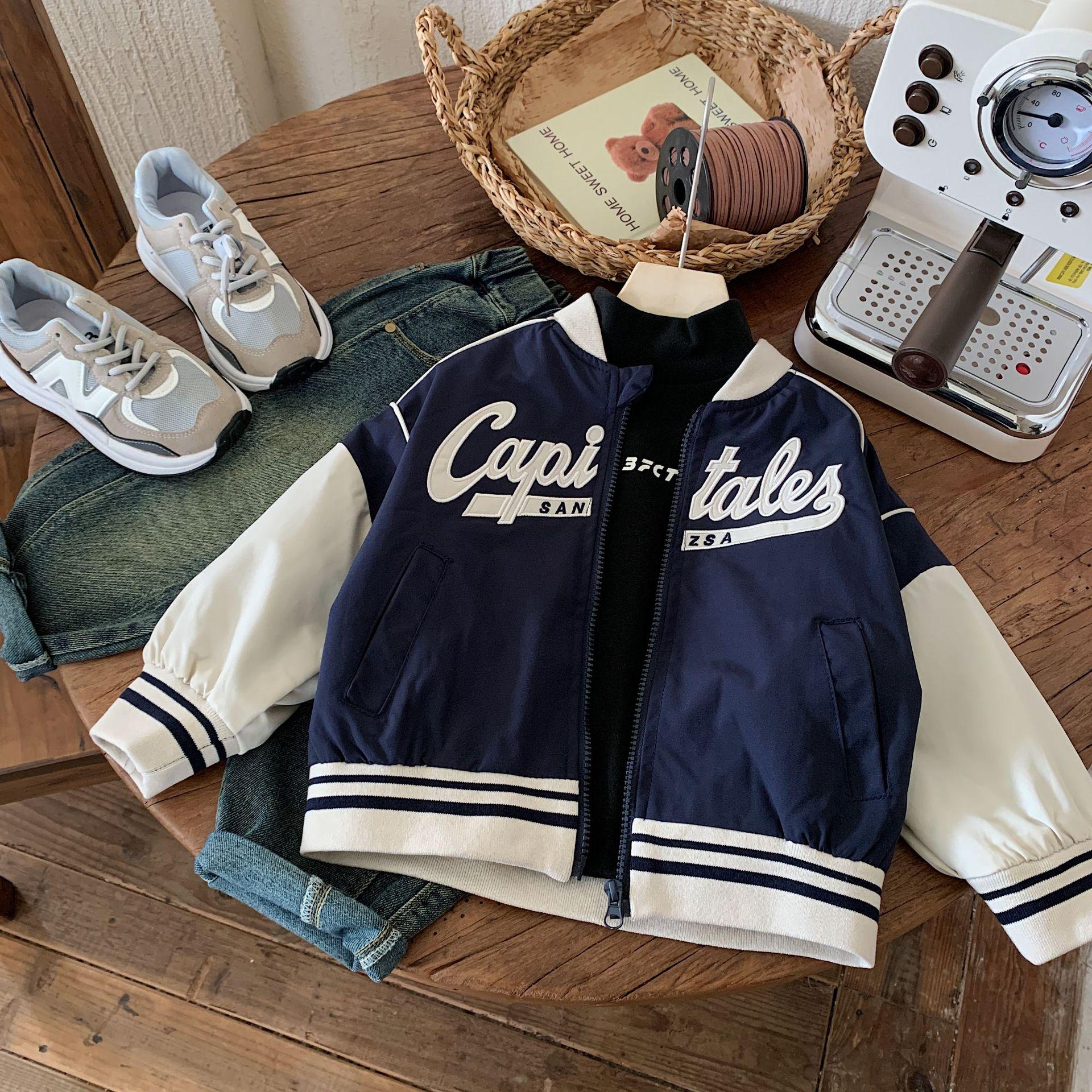 

Boys Autumn 2025 Color Block Baseball Jacket - Casual Korean Style 90 cm темно-синий
