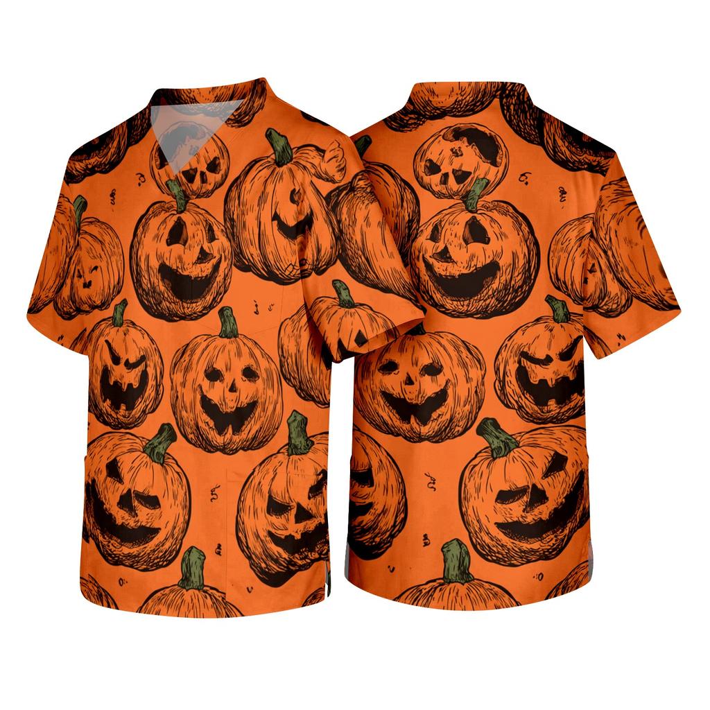Mens Short Sleeve V Neck Halloween Print Chest Pocket Scrub Top Comfortable Fit Uniform Shirt for Work or Casual Wear