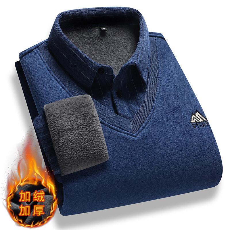 

Men Stripe Casual Twinset Shirts Sweaters New Autumn Man Outwear Knitted Pullovers Male Fleece Warm Fake Two Pieces Sweaters 3X 3XL