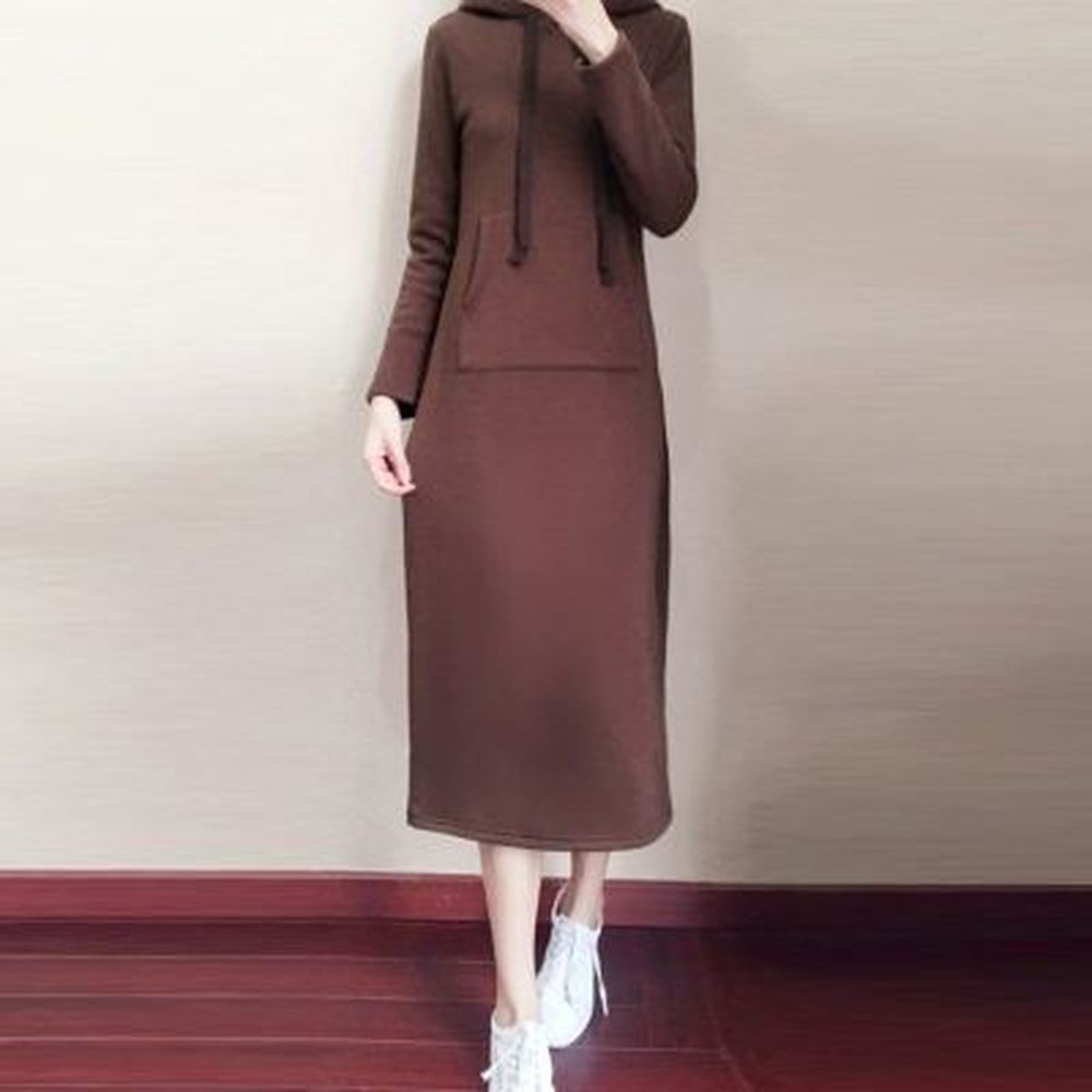 Women Autumn Winter Dress Fashion O-Neck Hoodie Long Sleeve Pure Color Loose Casual Ladies Dress