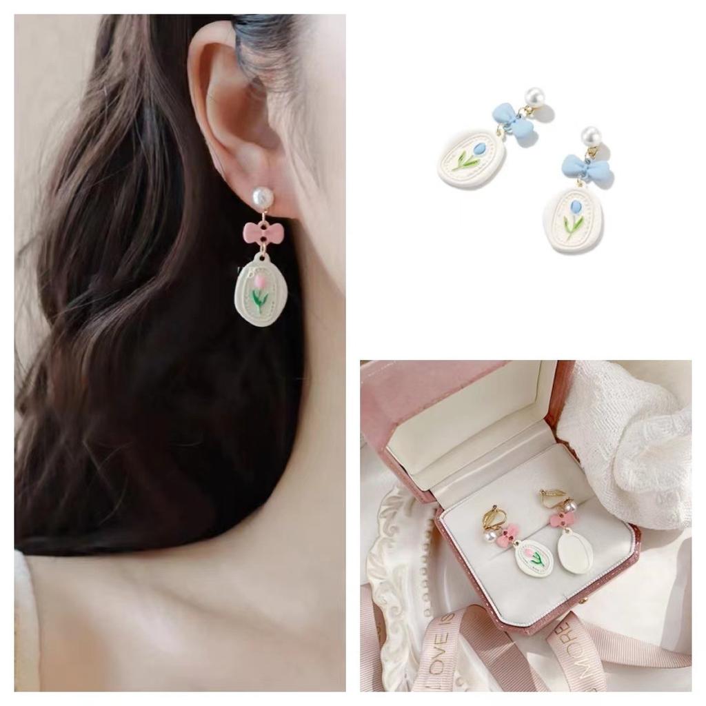 Pink Sweet Tulip Bow Earrings Mori Pearl Cute Girly Temperament Earrings Temperament Earrings