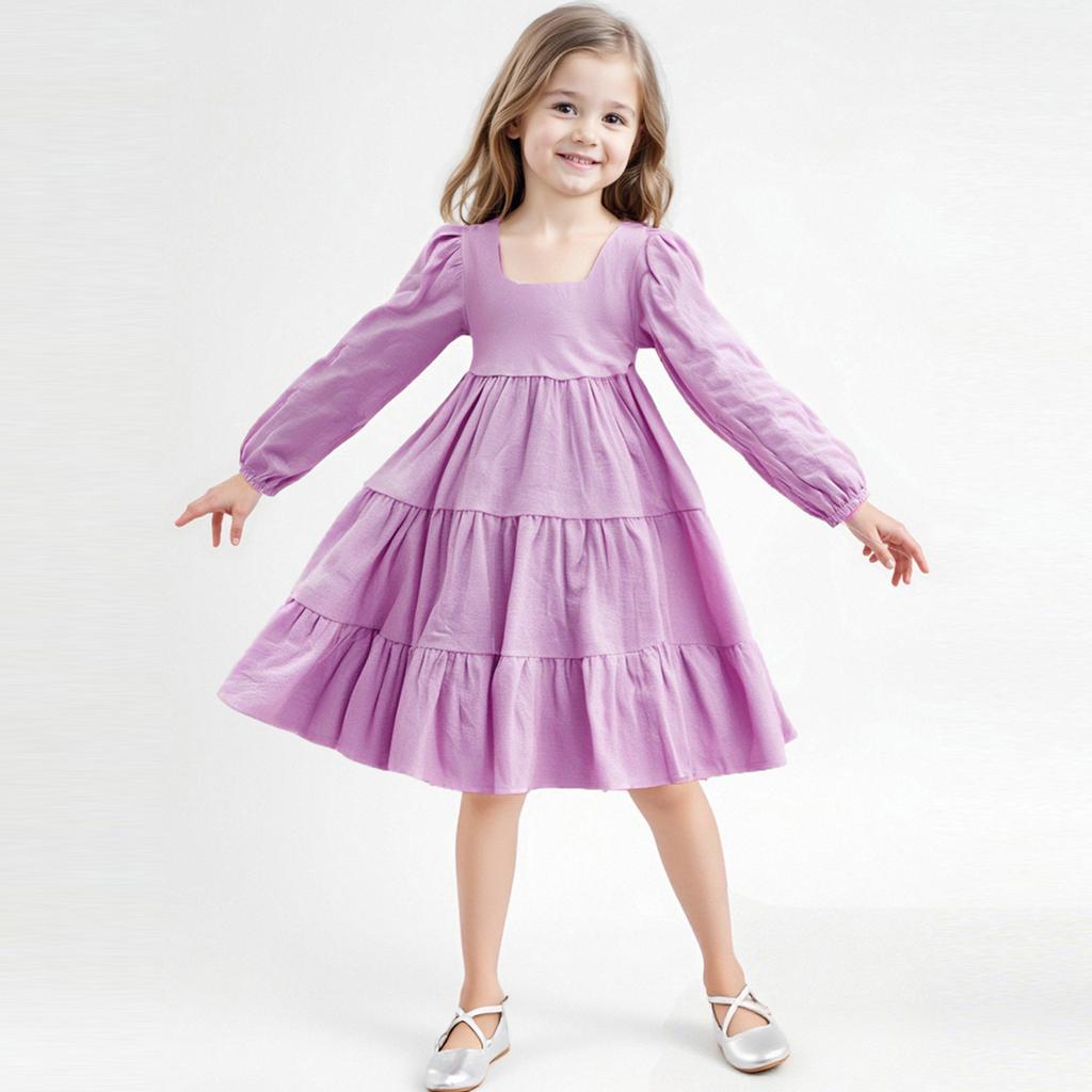 Girls' Fashion Cute Solid-Color Doll-Style Forest-Inspired Long-Sleeve Sweet Dress