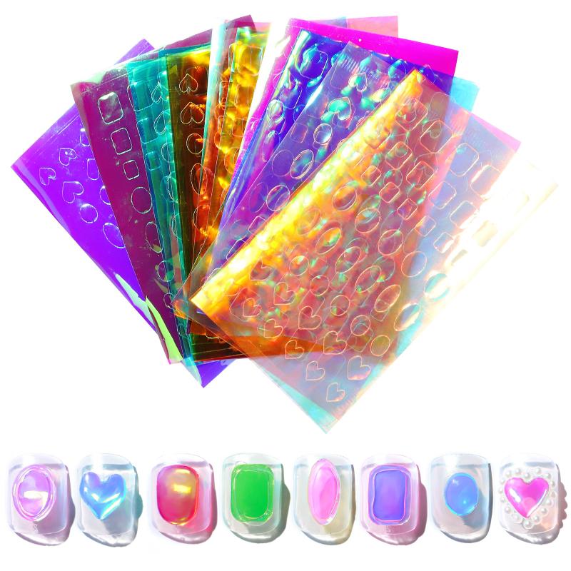 6/11 Sheets 3D Aurora Geometric Shape Ice Nail Foils Sticker Glass Paper Color Paper Nails Film Decals Cube Heart Nail Stickers