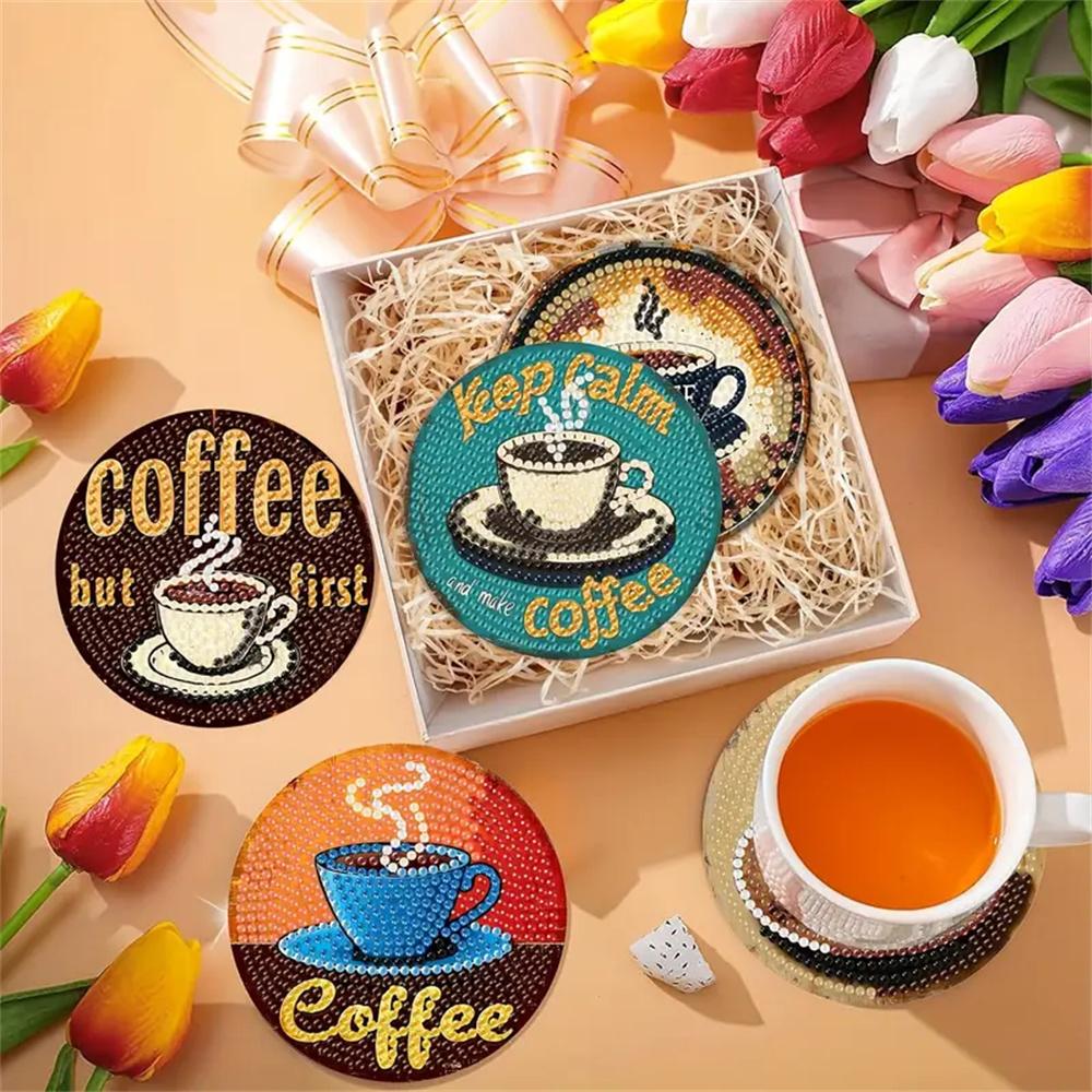 8 Pieces/set of Diamond Painted Coffee Cup Patterned coasters,DIY Coasters with Holder,suitable for Beginners and Adults, Art and Craft Supplies Gifts
